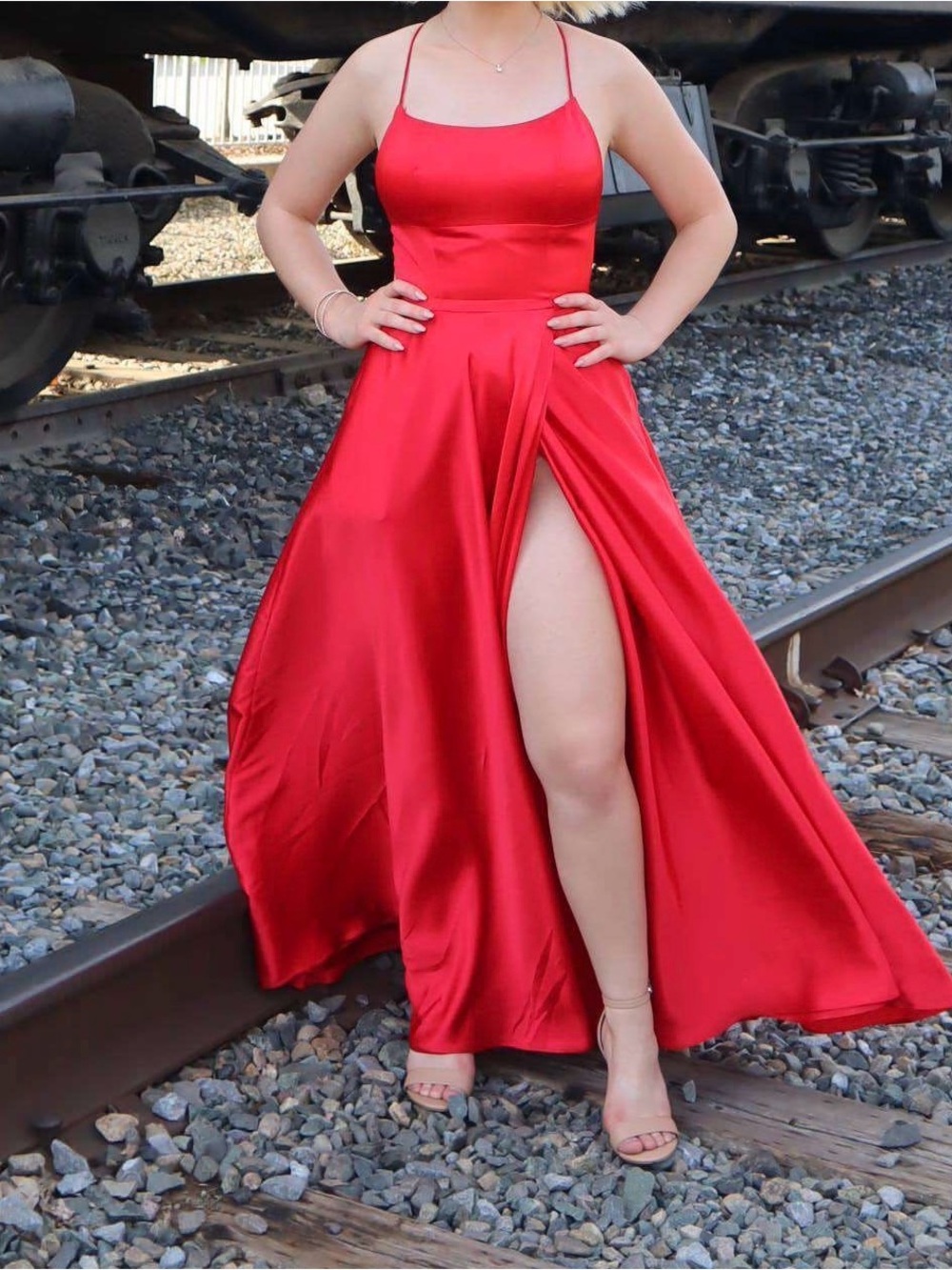 Sherri Hill Red Satin Spaghetti Strap Prom Gown with High Slit Sz 00